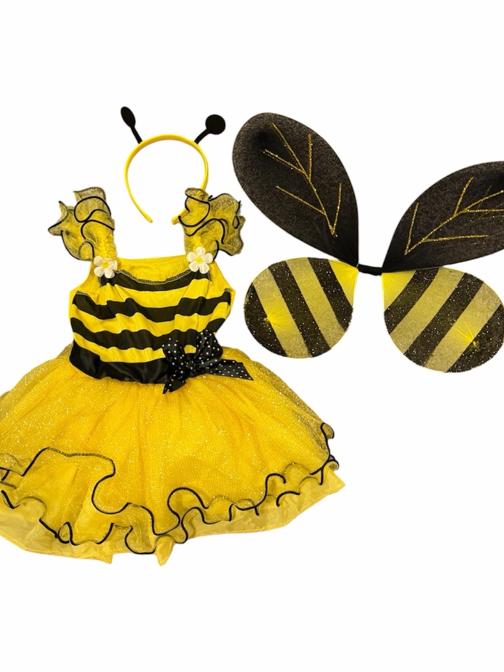 Kids Yellow & Black Bee Costume Dress with Wings and Headband